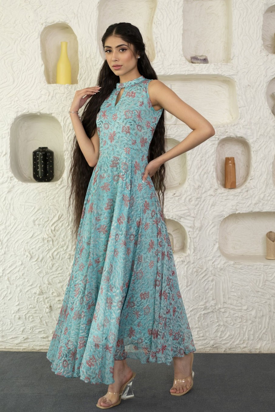 Women SARAS THE LABEL | Women'S Sky Blue Chiffon Block Printed Gown By Saras The Label (1 Pc Set)