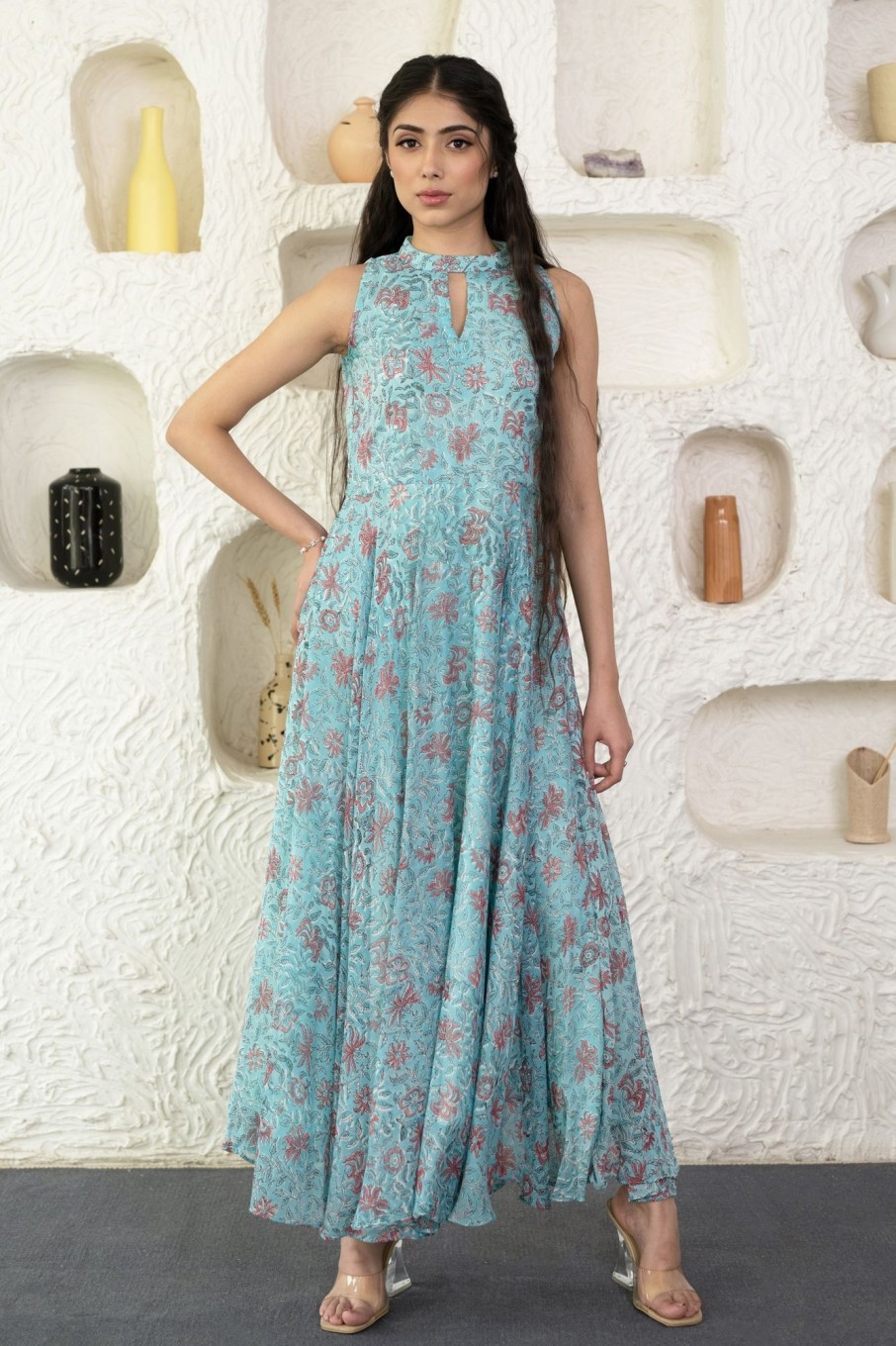 Women SARAS THE LABEL | Women'S Sky Blue Chiffon Block Printed Gown By Saras The Label (1 Pc Set)