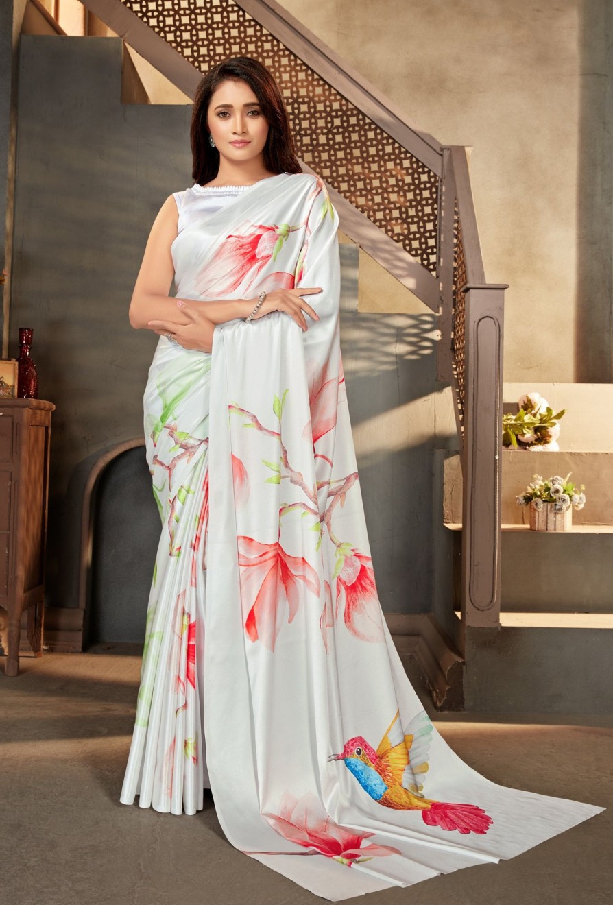 Women Monjolika | Women'S Monjolika Fashion Off White Color Satin Digital Print Saree - Monjolika