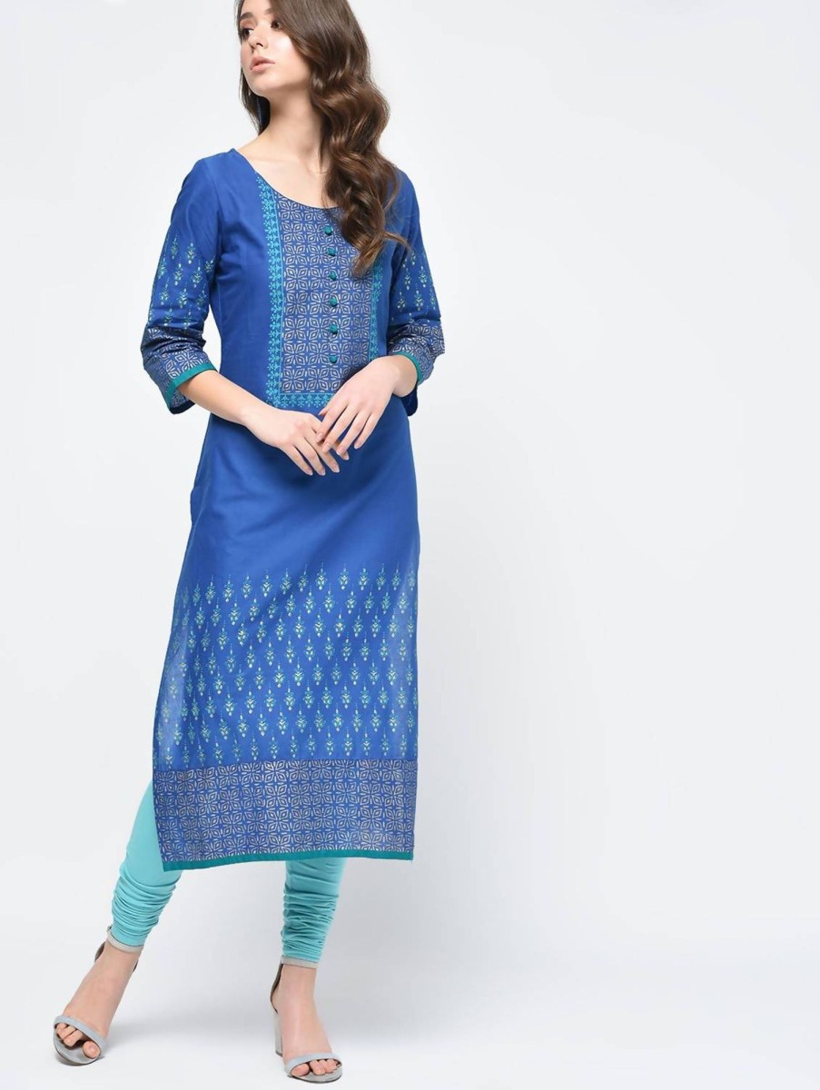 Women CHEERA | Women'S Royal Blue Hand Block Print Straight Kurta Only - Cheera