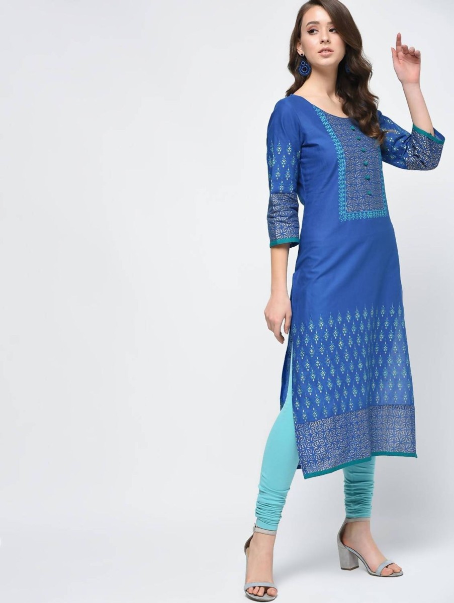 Women CHEERA | Women'S Royal Blue Hand Block Print Straight Kurta Only - Cheera