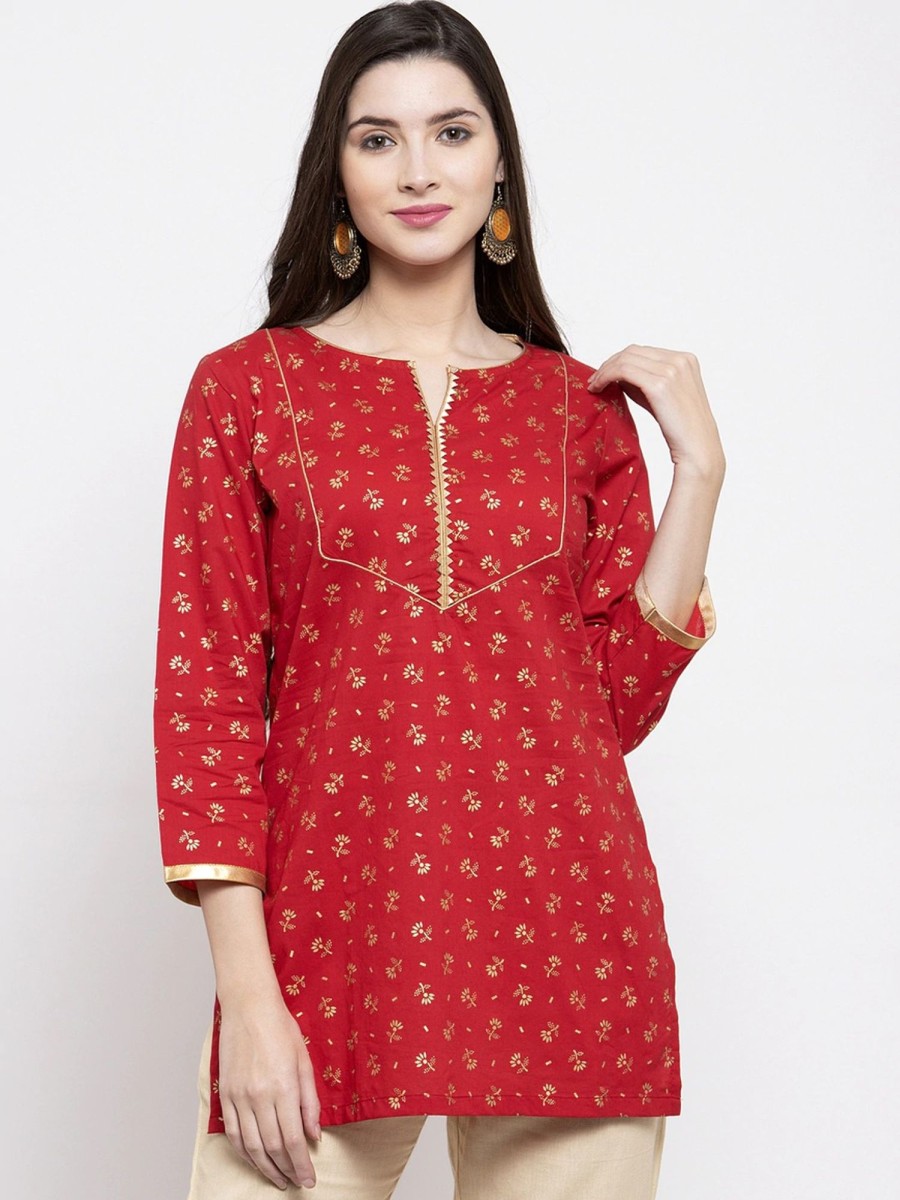 Women Wahe-NOOR | Women'S Red U0026 Golden Foil Print Tunic - Wahe-Noor