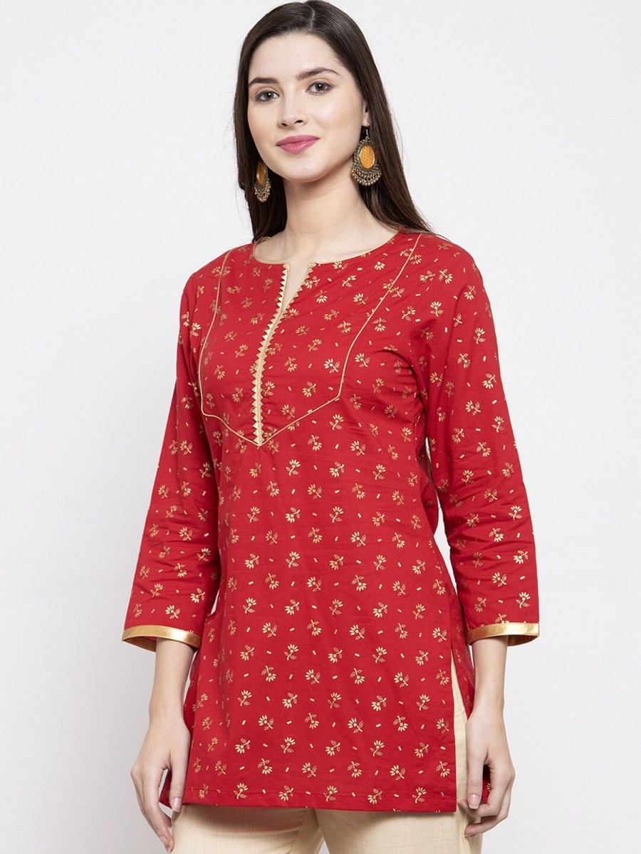 Women Wahe-NOOR | Women'S Red U0026 Golden Foil Print Tunic - Wahe-Noor