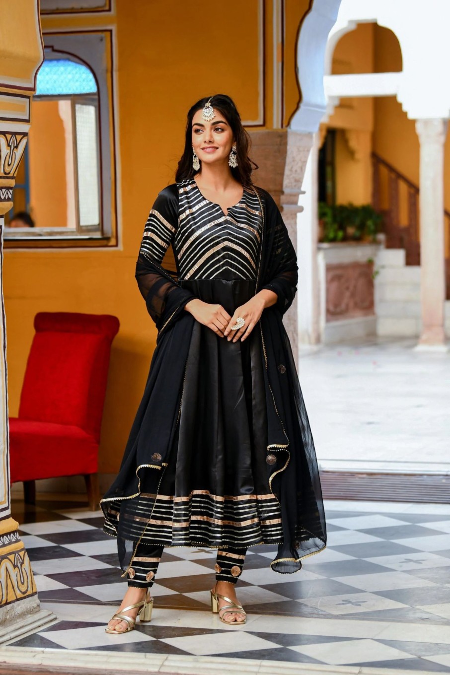 Women SARAS THE LABEL | Women'S Black Satin Silk Anarkali Kurta With Dupatta- 3Pc Set - Saras The Label