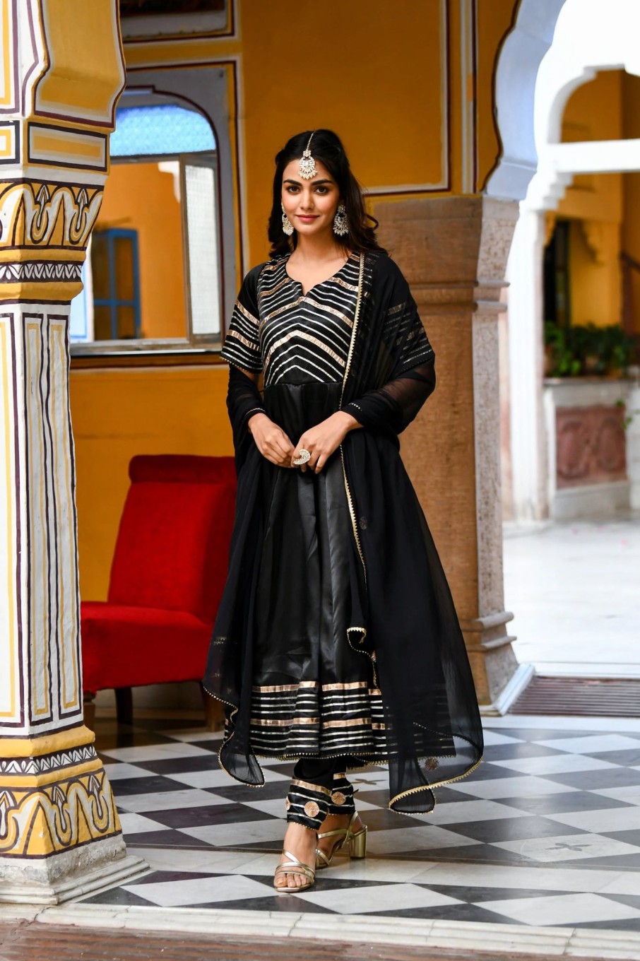 Women SARAS THE LABEL | Women'S Black Satin Silk Anarkali Kurta With Dupatta- 3Pc Set - Saras The Label