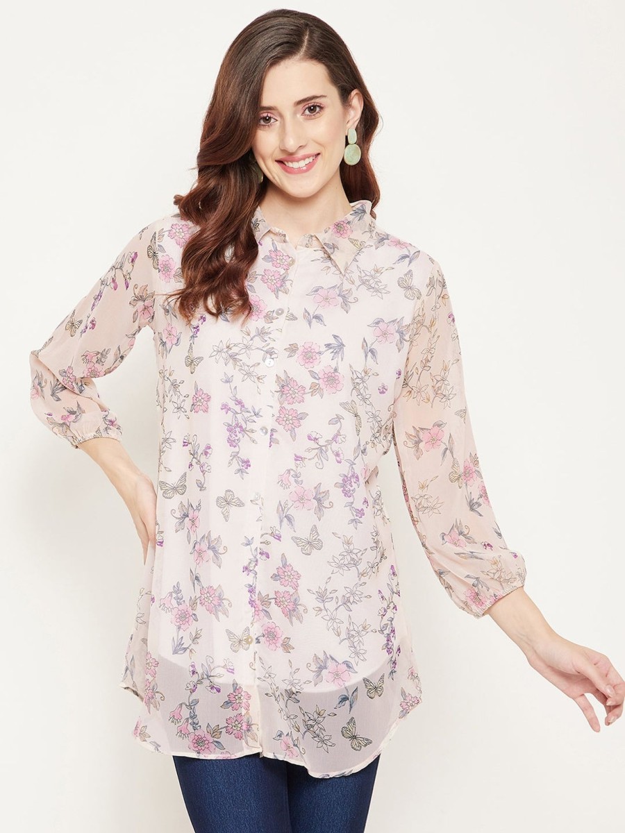 Women BitterLime | Women'S Off -White And Pink Shirt Collar Floral Printed Tunic - Bitterlime Off White