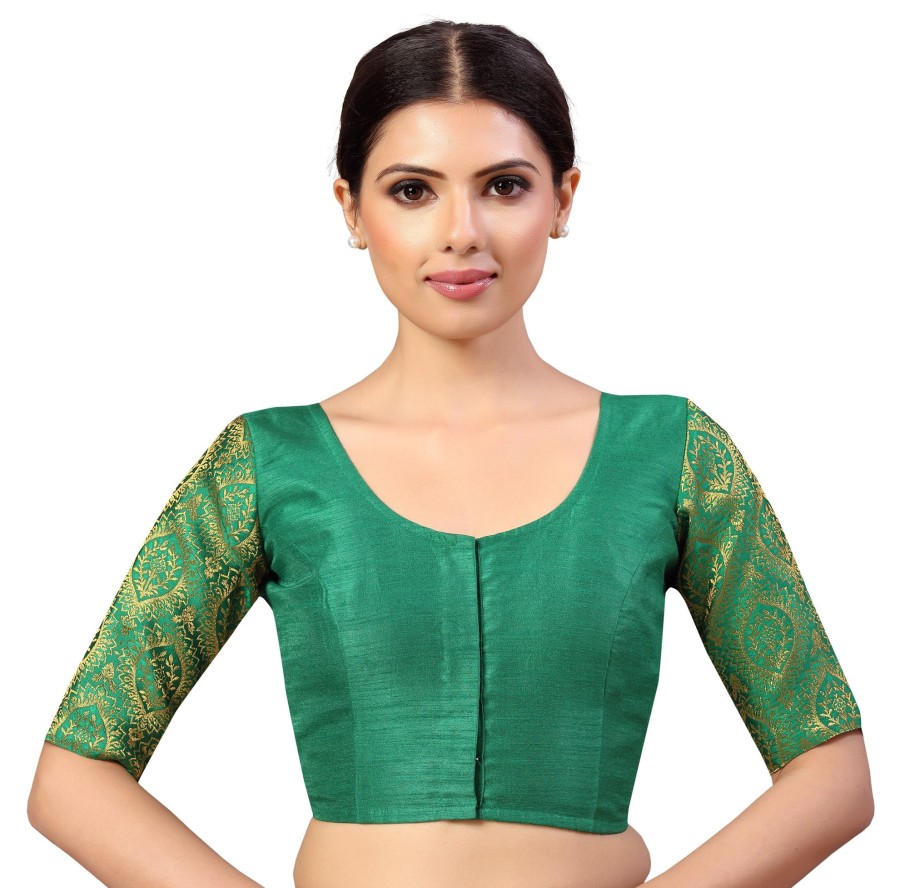 Women Shringaar | Women'S S Elbow Length Sleeves Silky Saree Blouse With Brocade Sleeves. - Shringaar Green