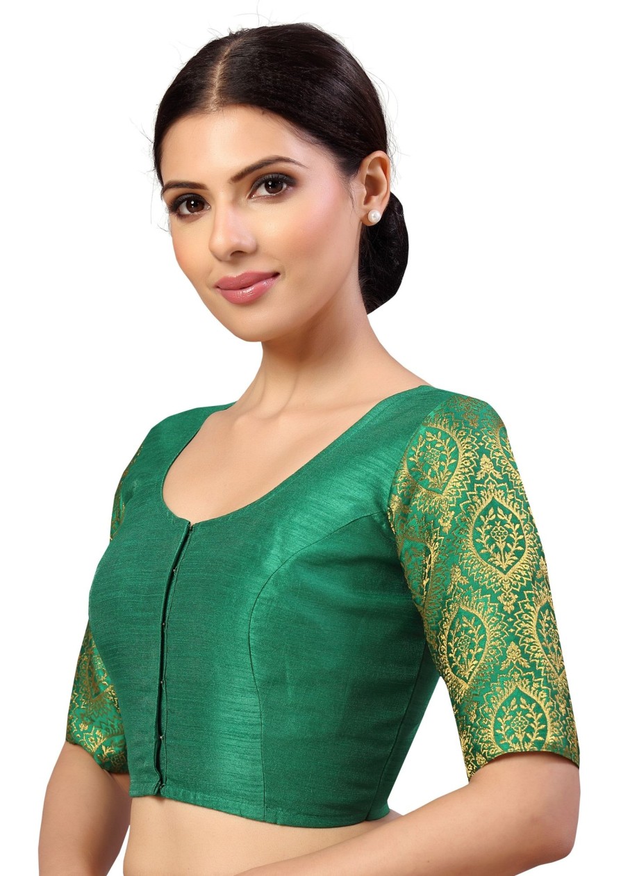 Women Shringaar | Women'S S Elbow Length Sleeves Silky Saree Blouse With Brocade Sleeves. - Shringaar Green