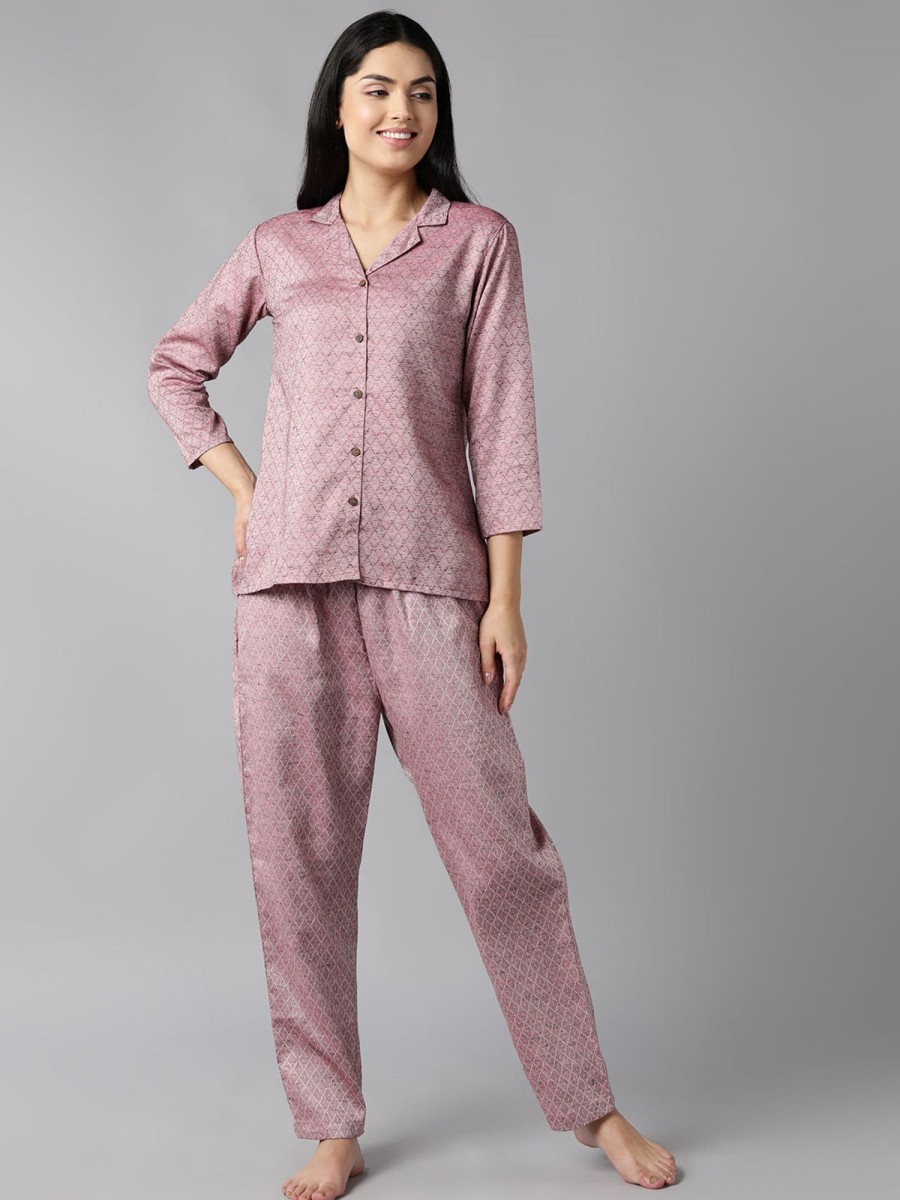 Women Ahika | Women'S Mauve Pure Cotton Washed Printed Night Suit - Ahika Pink