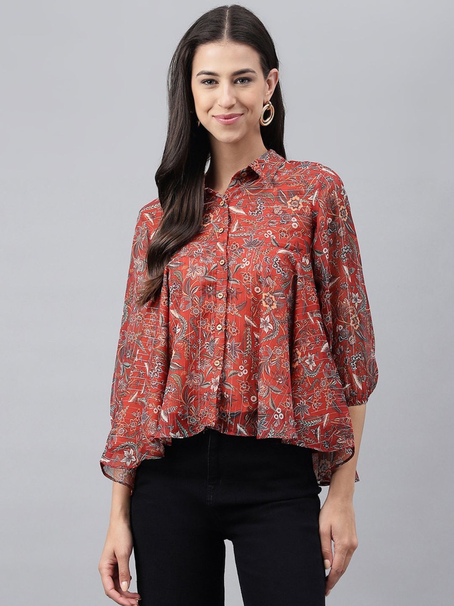 Women Janasya | Women'S Digital Printed Rust Chiffon Lurex Tops - Janasya Brown