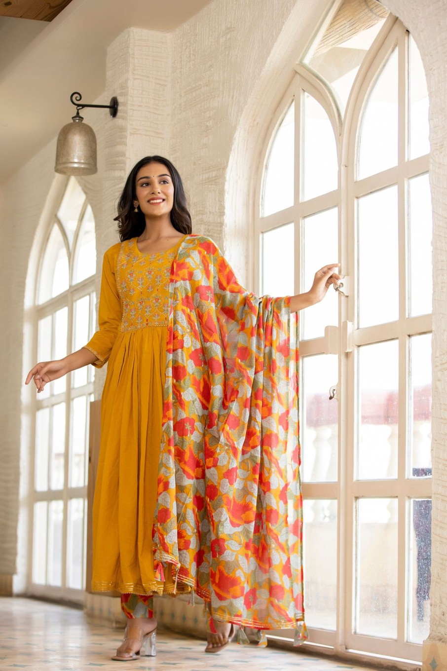 Women Final Clearance Sale | Women'S Yellow Floral Print Anarkali Suit Set - Final Clearance Sale