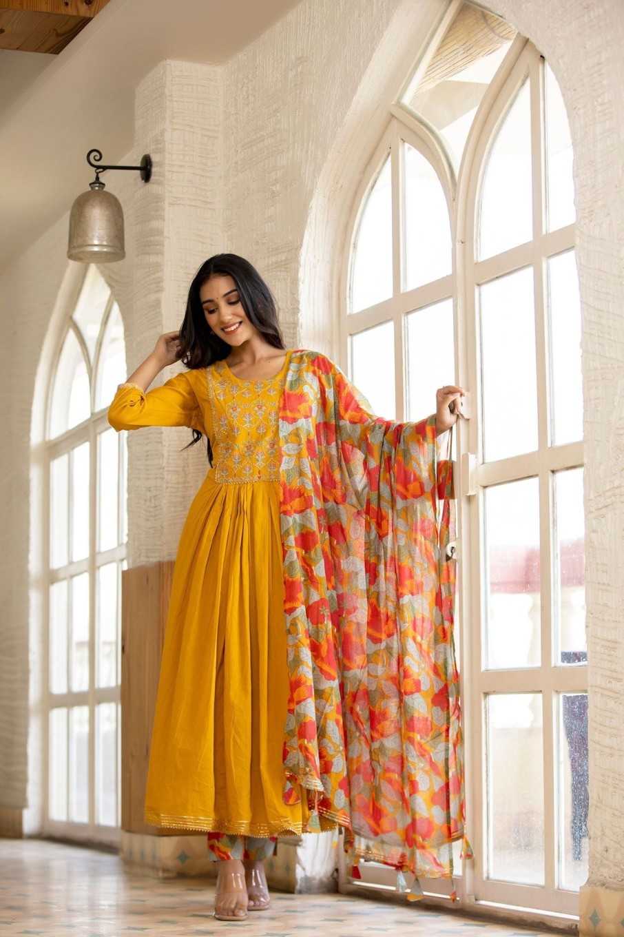 Women Final Clearance Sale | Women'S Yellow Floral Print Anarkali Suit Set - Final Clearance Sale