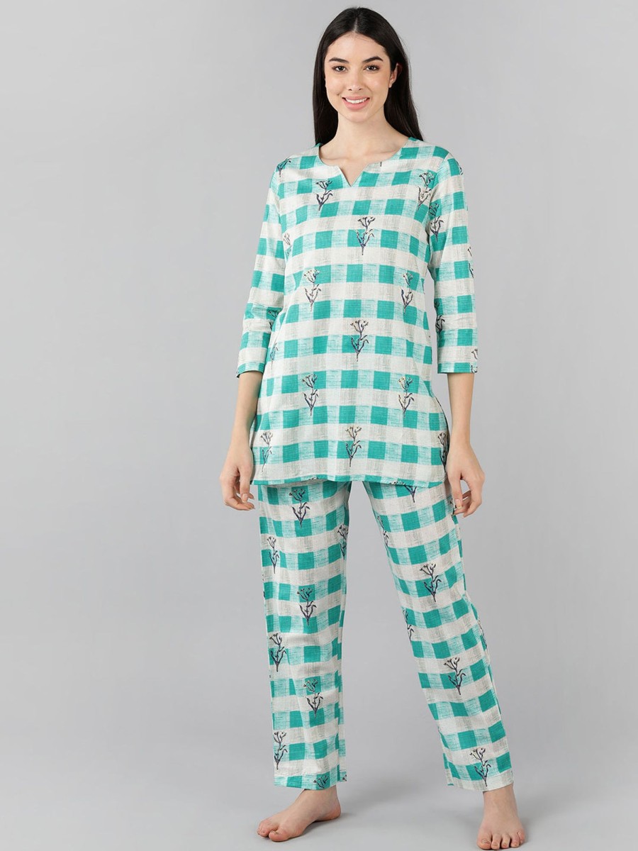 Women Ahika | Women'S Cotton Checked Printed Night Suit - Ahika Cream