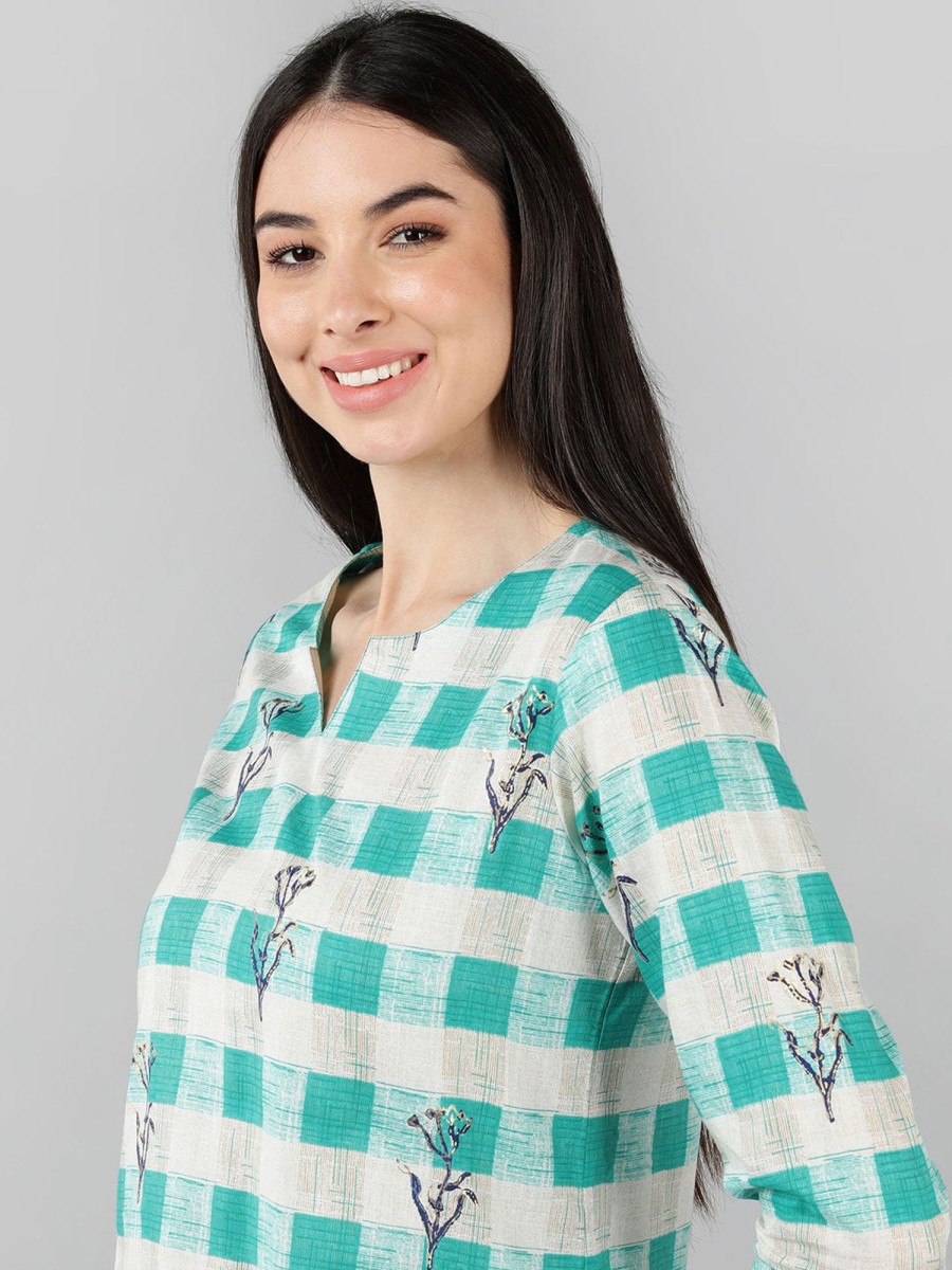 Women Ahika | Women'S Cotton Checked Printed Night Suit - Ahika Cream