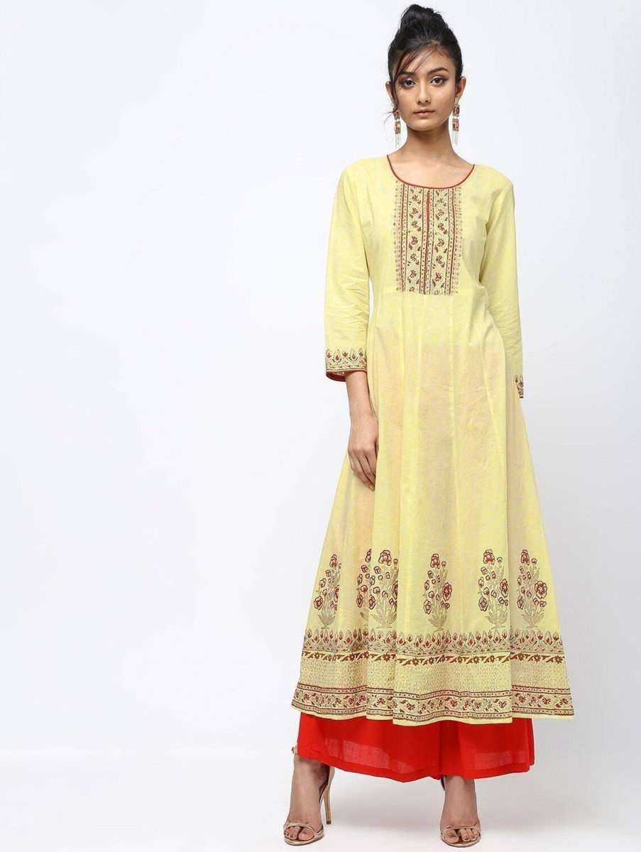 Women CHEERA | Women'S Lemon Kalidar Anarkali Foil Print Kurta Only - Cheera Yellow