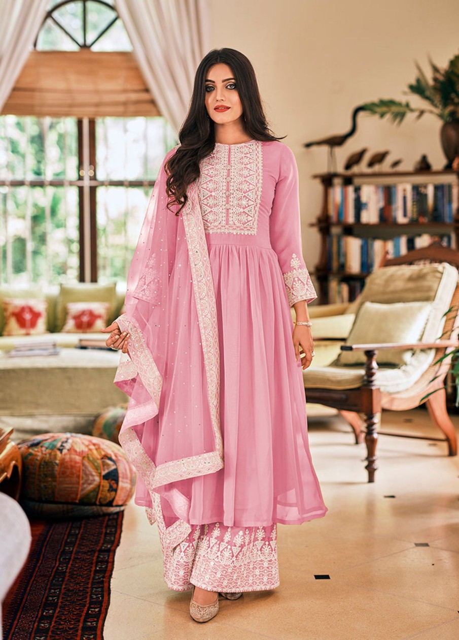 Women Monjolika | Women'S Light Pink Color Georgette Embroidered Party Salwar Suit - Monjolika