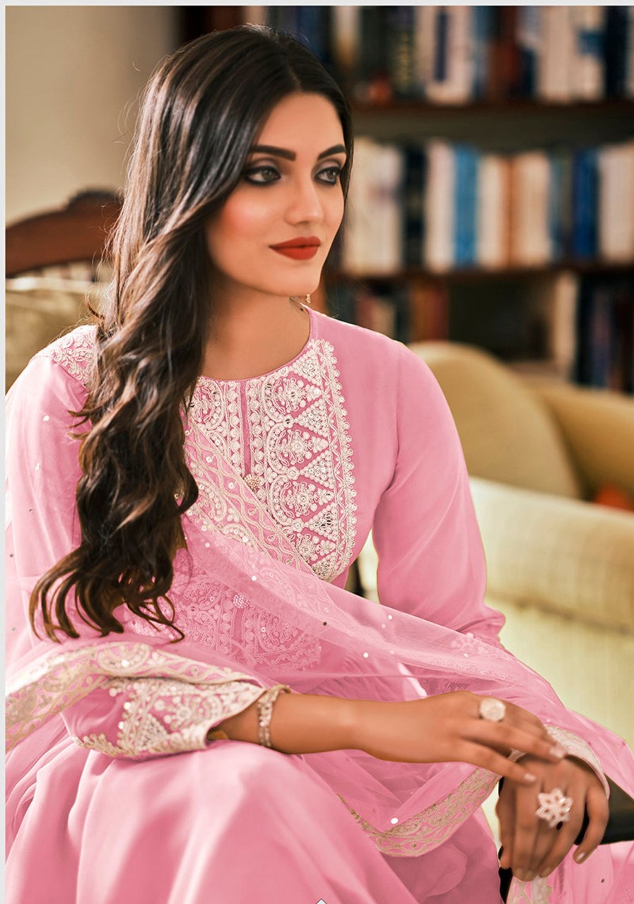 Women Monjolika | Women'S Light Pink Color Georgette Embroidered Party Salwar Suit - Monjolika