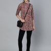 Women Nayo Clothing | Women'S Maroon Printed Tunic With Mandarin Collar U0026 Three Quarter Sleeves - Nayo Clothing