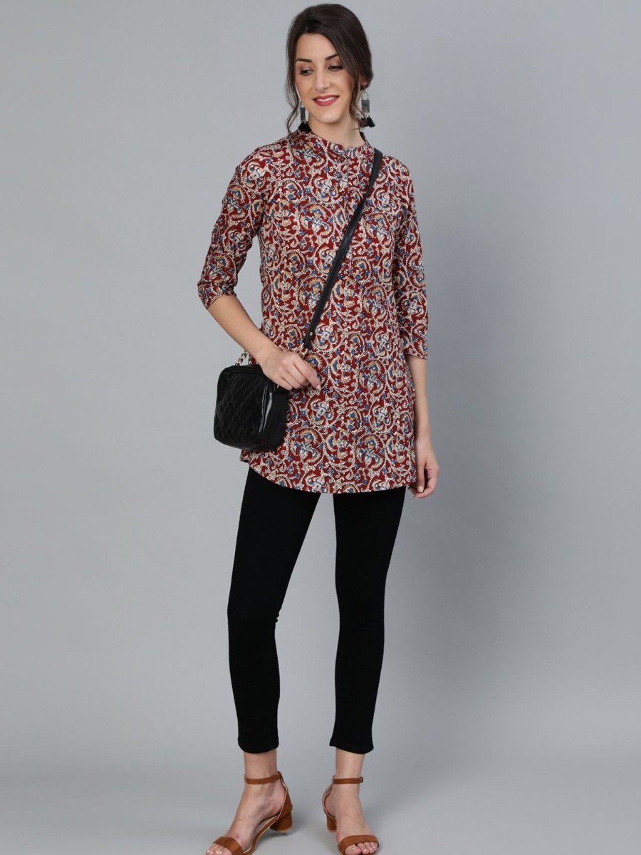 Women Nayo Clothing | Women'S Maroon Printed Tunic With Mandarin Collar U0026 Three Quarter Sleeves - Nayo Clothing