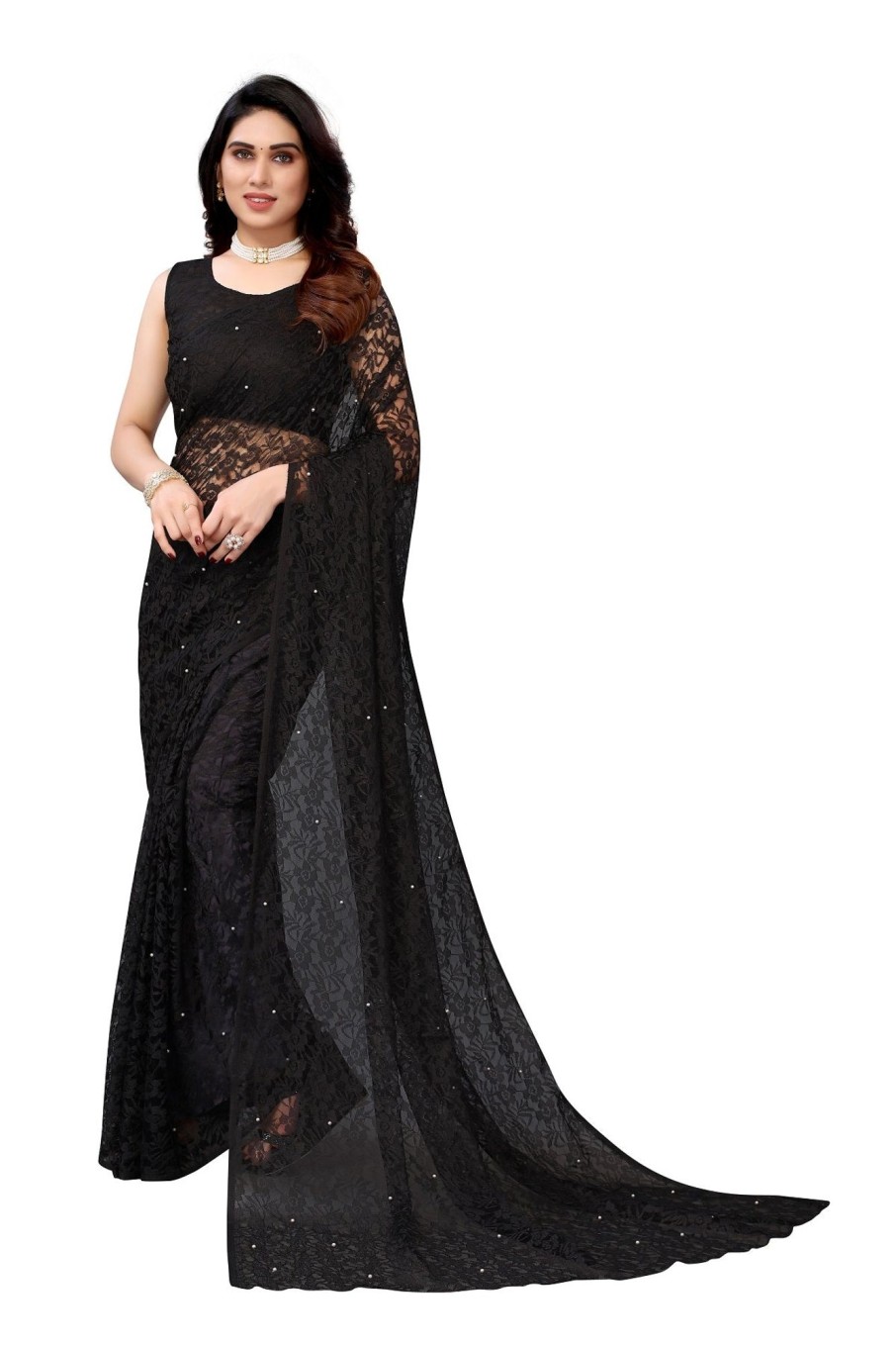 Women Vamika | Women'S Ethnic Fire Pearls Net Saree - Vamika Black