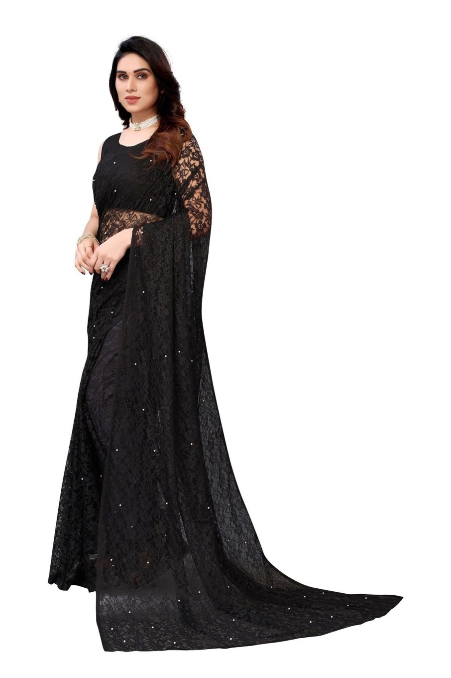 Women Vamika | Women'S Ethnic Fire Pearls Net Saree - Vamika Black