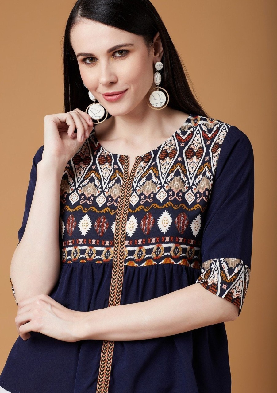 Women Pannkh | Women'S Printed Yoke Top - Pannkh Navy Blue