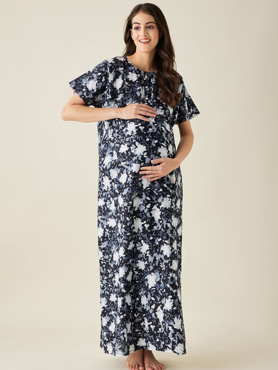 Women The Kaftan Company | And White Abstract Print Maternity Nightdress - The Kaftan Company Black