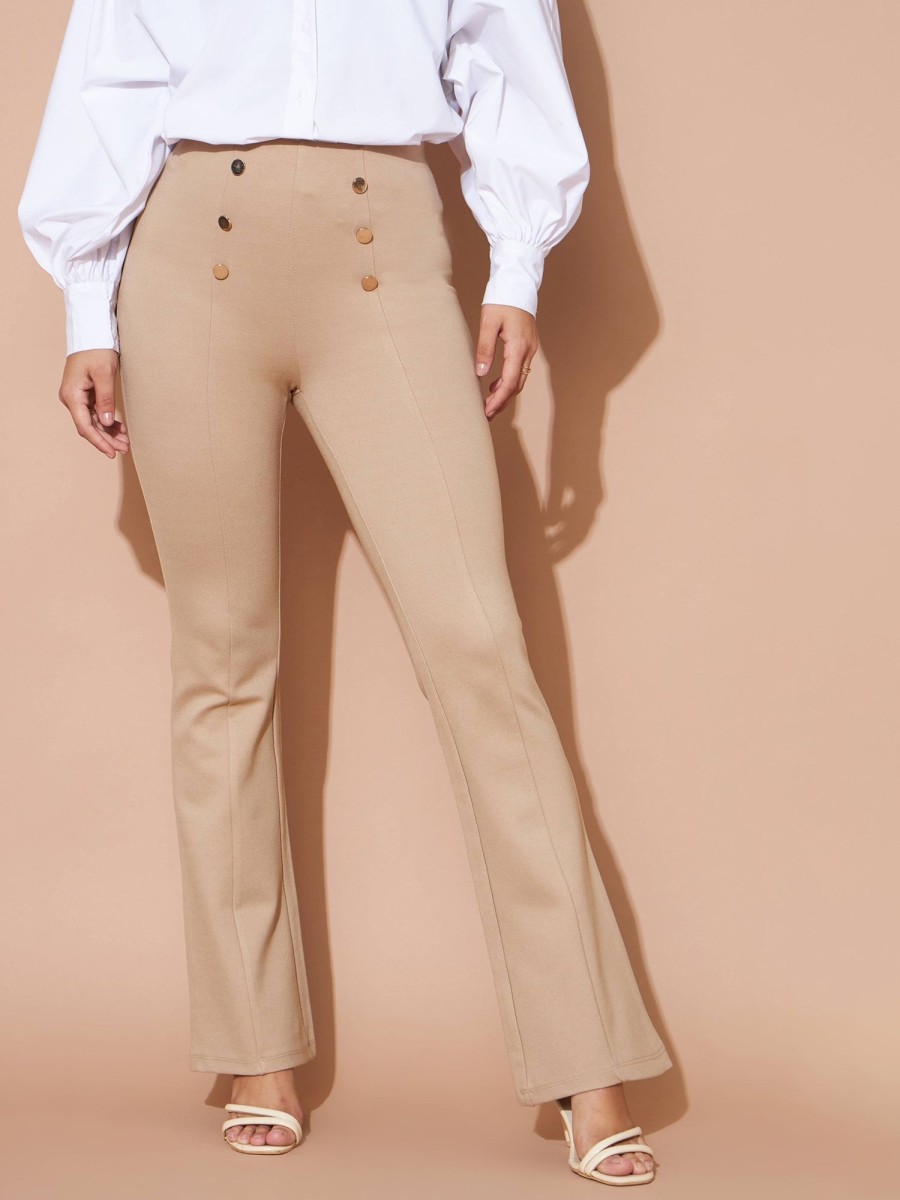 Women Lyush | Women'S Beige High Waist Gold Show Buttons Pants - Lyush