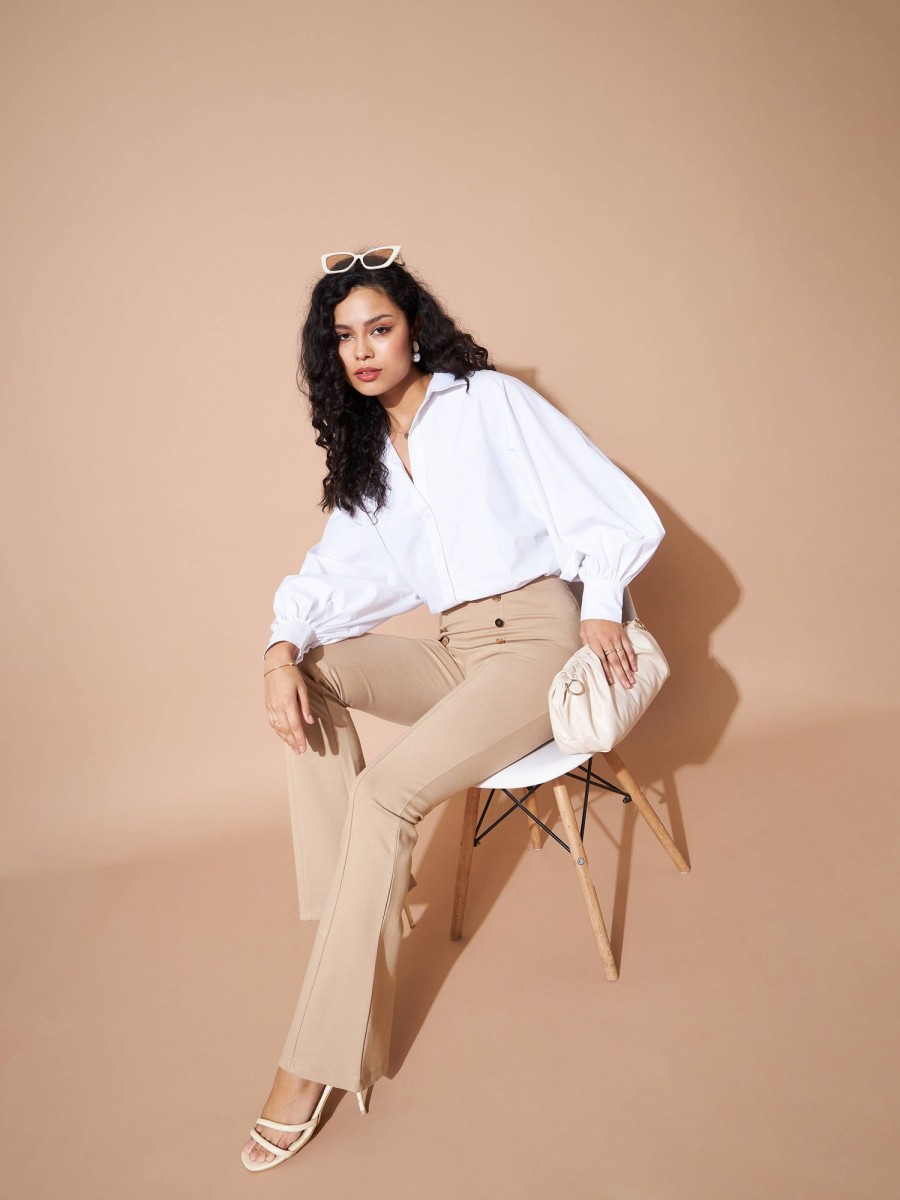 Women Lyush | Women'S Beige High Waist Gold Show Buttons Pants - Lyush