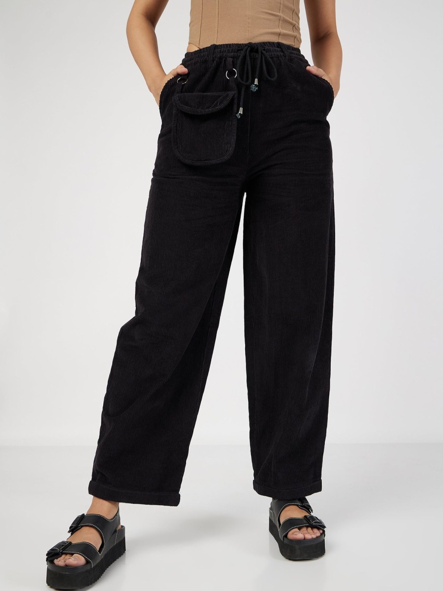 Women Lyush | Women'S Black Corduroy Pouch Pocket Drawstring Pants - Lyush