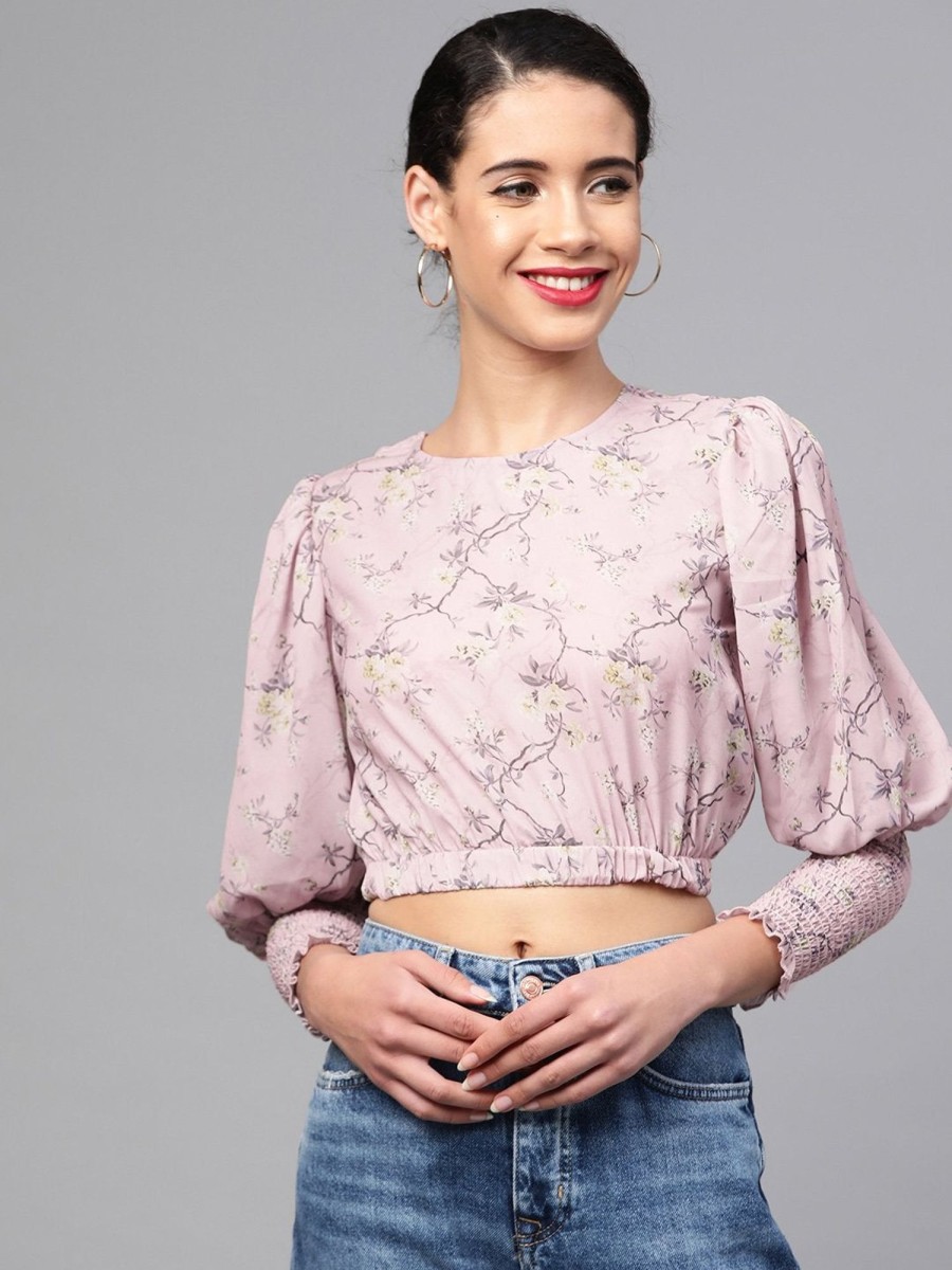 Women SASSAFRAS | Women'S Lilac Floral Smocking Sleeve Crop Top - Sassafras