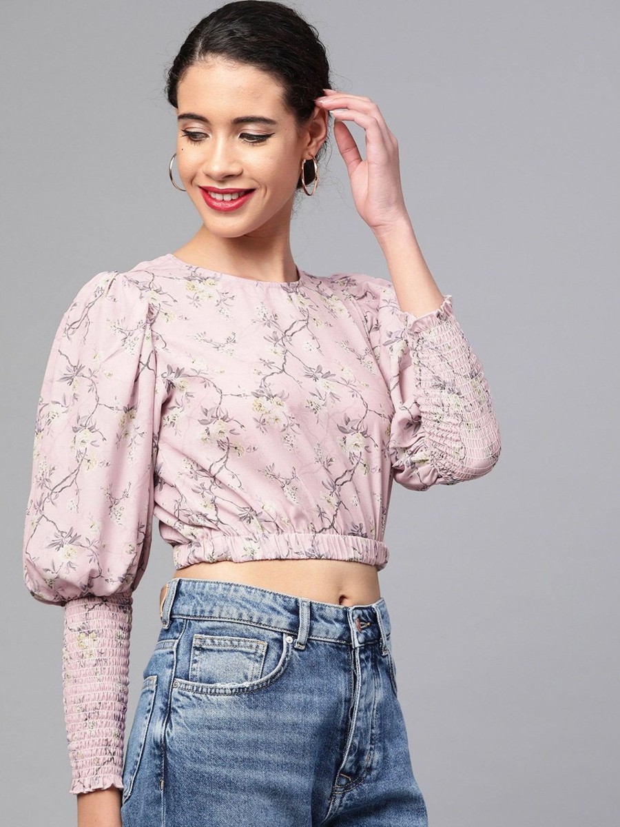 Women SASSAFRAS | Women'S Lilac Floral Smocking Sleeve Crop Top - Sassafras