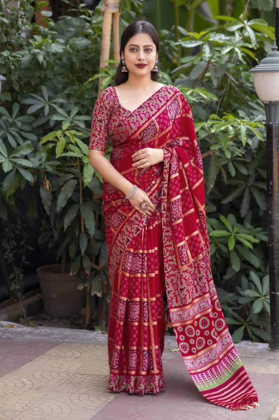 Women Stava Creation | Women'S Soft Silk Saree With Ajrakh Style And Foil Print - Stava Creation Red