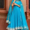 Women Pomcha Jaipur USA | Women'S Sky Blue Cotton Anarkali Kurta With Pant U0026 Dupatta (3Pcs Set) - Pomcha Jaipur Usa