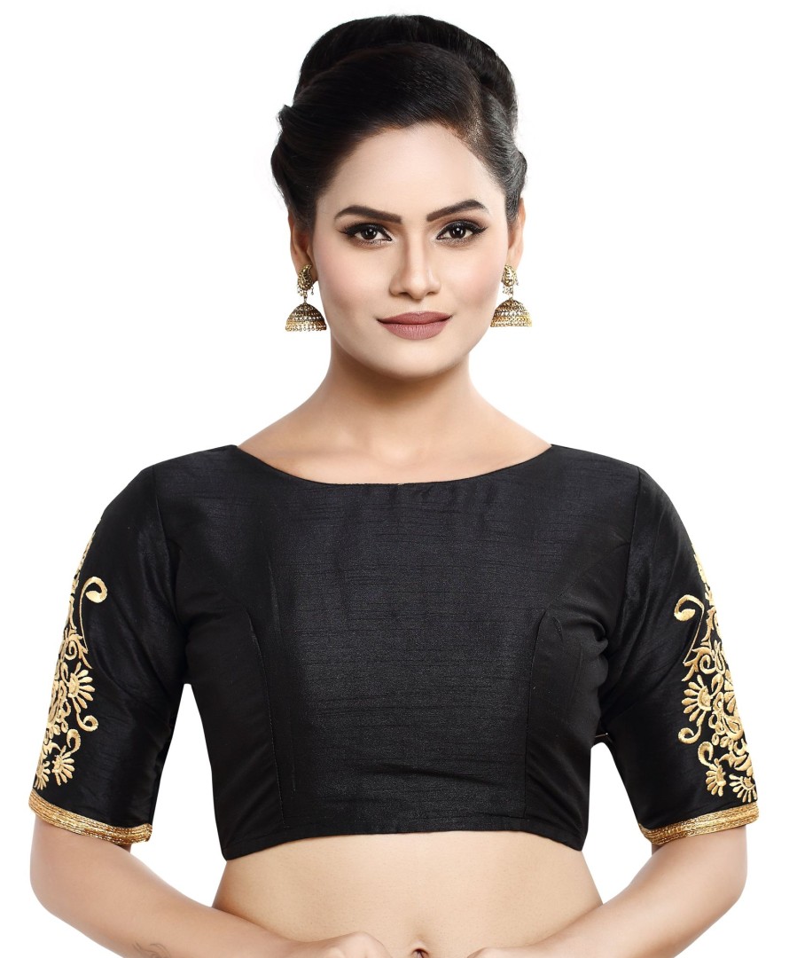 Women Madhu Fashion | Women'S Poly Raw Silk Readymade Saree Blouse With Embroidered Sleeves - Madhu Fashion Black