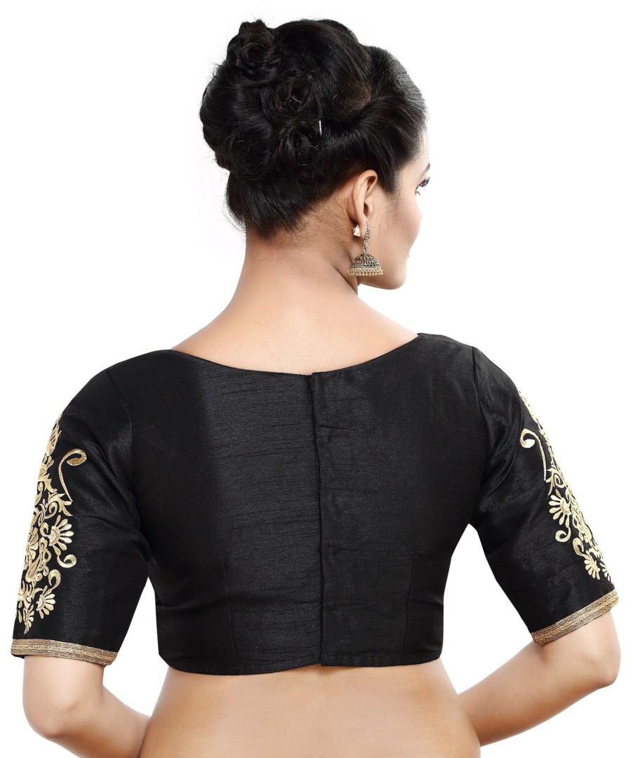 Women Madhu Fashion | Women'S Poly Raw Silk Readymade Saree Blouse With Embroidered Sleeves - Madhu Fashion Black