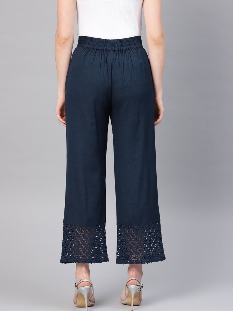 Women Juniper | Women'S Navy Cotton Flex Solid Wide Leg Palazzo - Juniper Blue