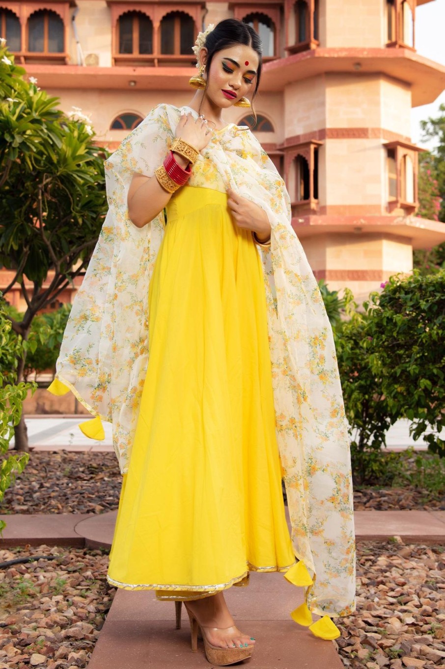 Women Pomcha Jaipur | Women'S Yellow Berry Cotton Anarkali Set- Pomcha Jaipur