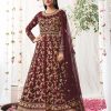 Women Monjolika | Women'S Soft Net Semi Stitched Embroidered Wedding Dress - Monjolika Wine