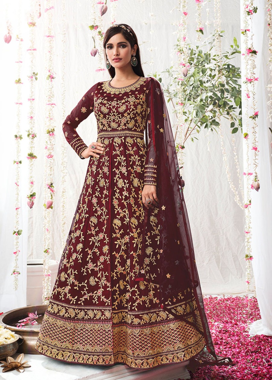 Women Monjolika | Women'S Soft Net Semi Stitched Embroidered Wedding Dress - Monjolika Wine