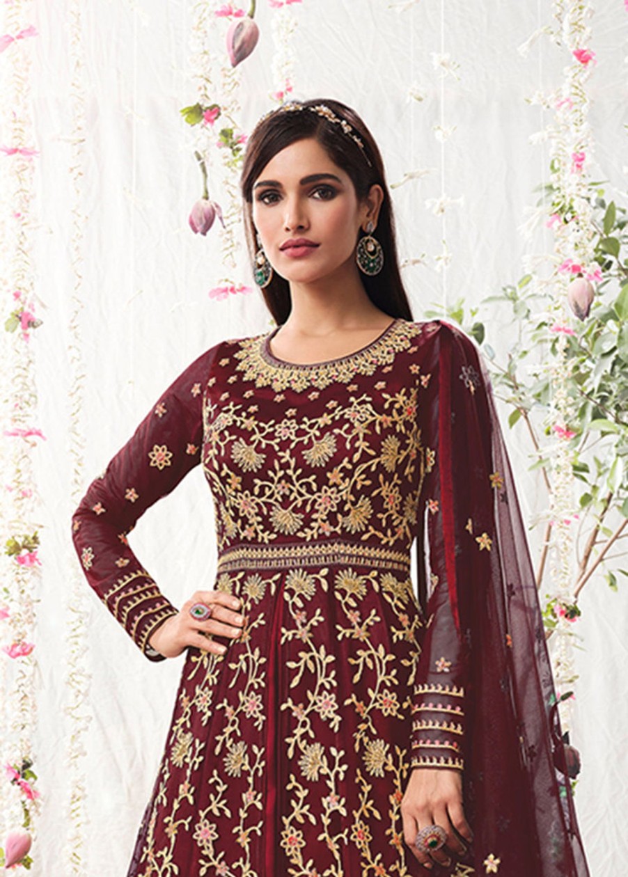 Women Monjolika | Women'S Soft Net Semi Stitched Embroidered Wedding Dress - Monjolika Wine