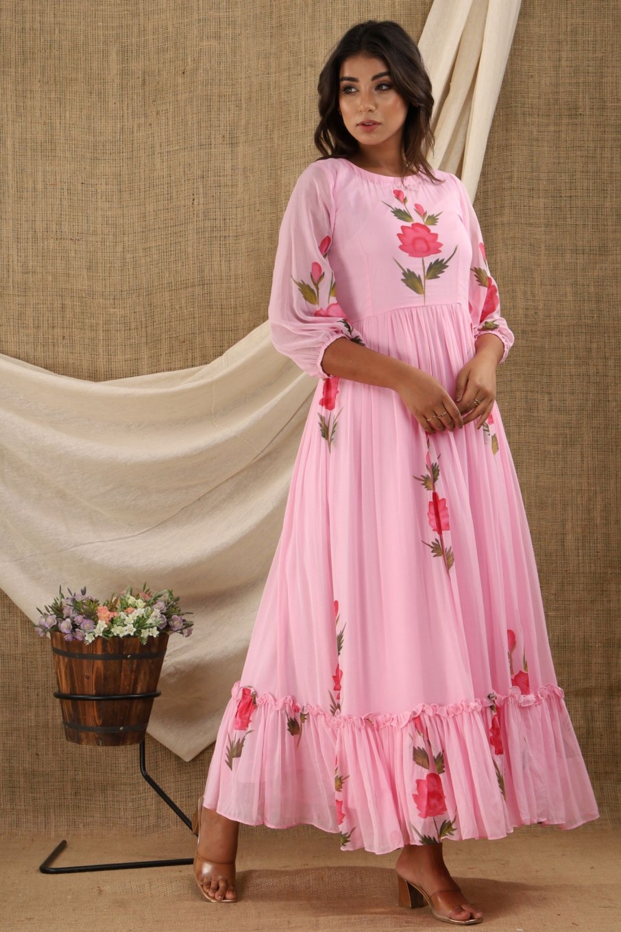 Women SARAS THE LABEL | Women'S Pink Anarkali Dress (1Pc) - Saras The Label