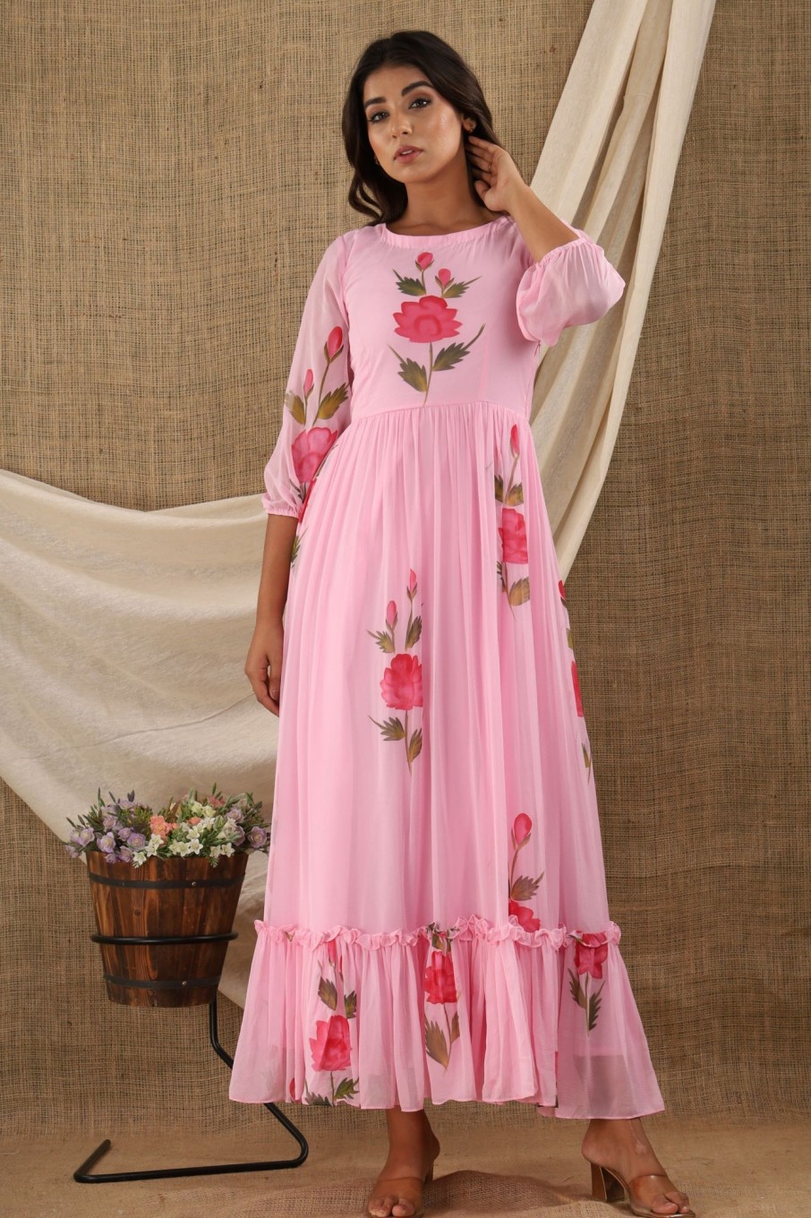 Women SARAS THE LABEL | Women'S Pink Anarkali Dress (1Pc) - Saras The Label