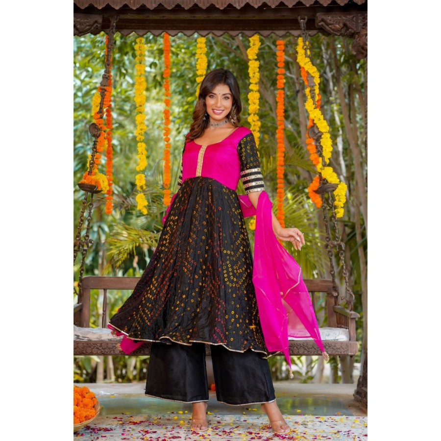 Women Rangpur | Women'S Bandhani Anarkali Set With Dupatta - Rangpur Maroon