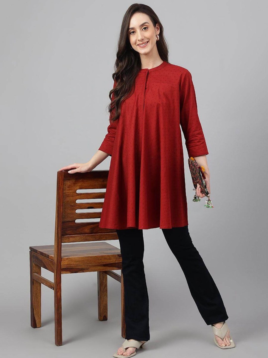 Women Janasya USA | Women'S Dobby Cotton Solid A-Line Tunic - Janasya Usa Maroon