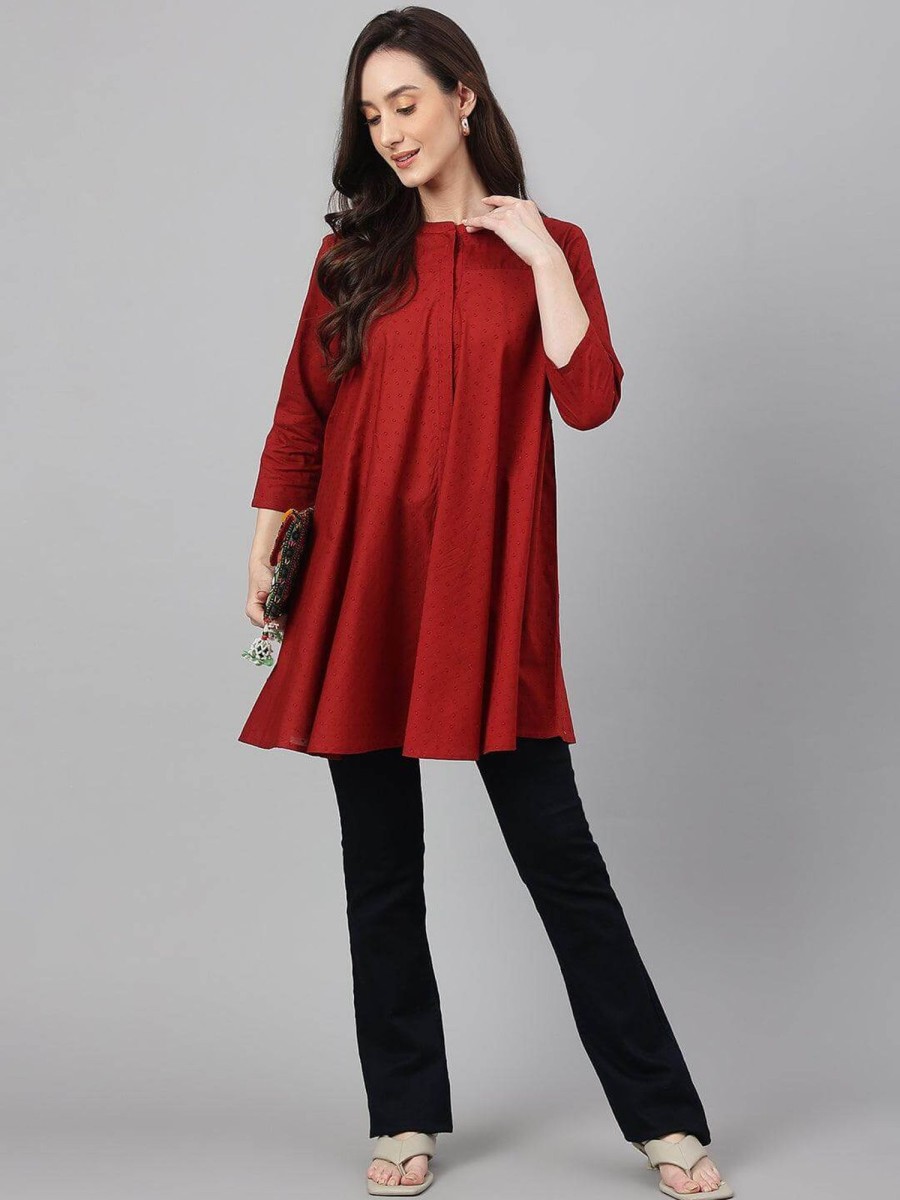 Women Janasya USA | Women'S Dobby Cotton Solid A-Line Tunic - Janasya Usa Maroon