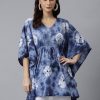 Women Janasya | Women'S Navy Cotton Tie Dye Kaftan Product Type-Tops - Janasya Blue