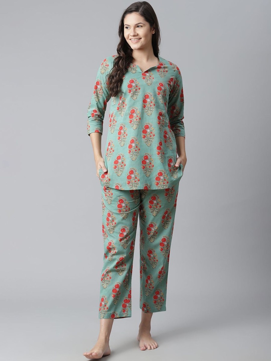 Women NOZ2TOZ | Women'S Green Floral Print Cotton Nightwear - Noz2Toz