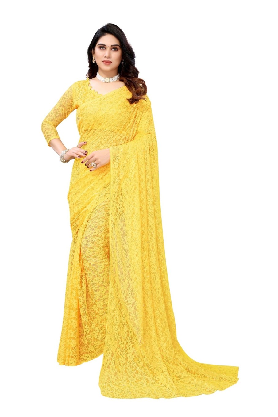 Women Vamika | Women'S Ethnic Fire Pearls Net Saree - Vamika Yellow