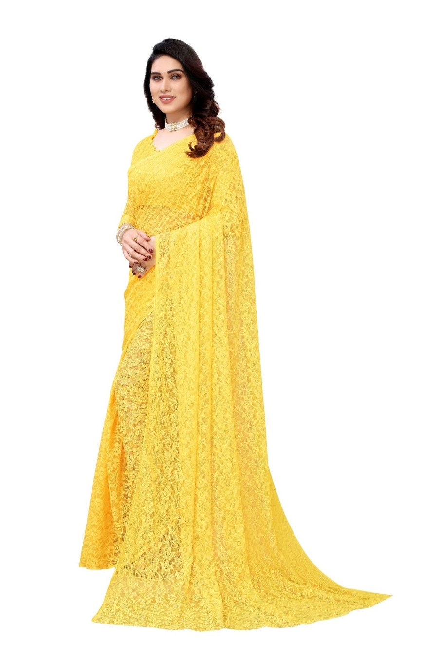 Women Vamika | Women'S Ethnic Fire Pearls Net Saree - Vamika Yellow